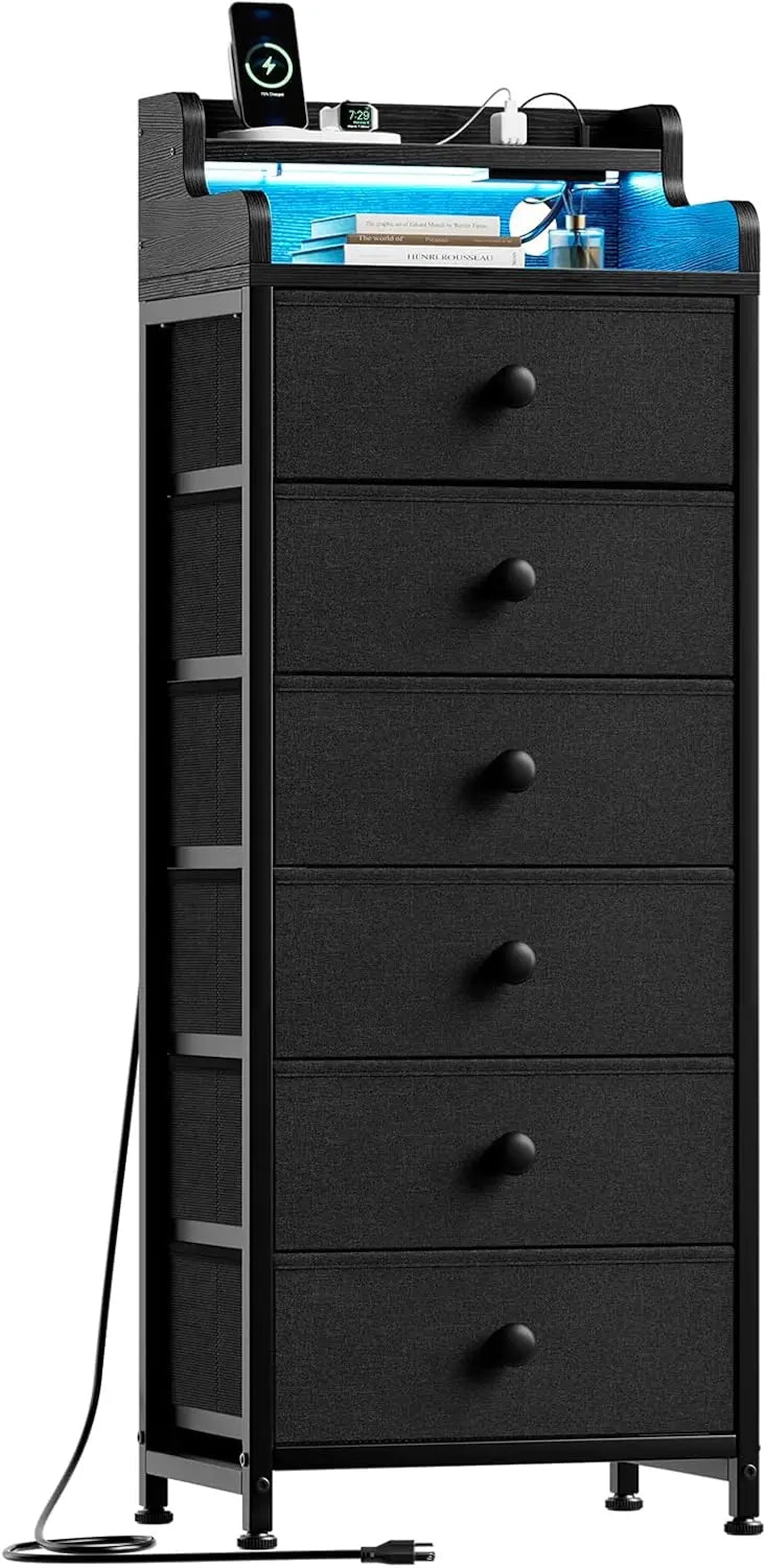 Dresser Bedroom Charging Station LED Lights 6 Drawers Tall Night Stand