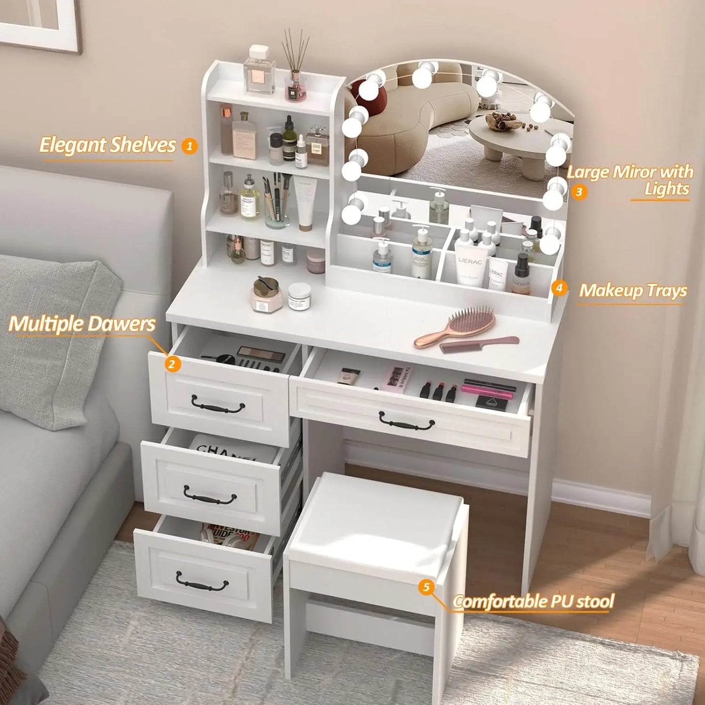 Makeup Vanity Desk with Lights and Drawers Large Storage White Set