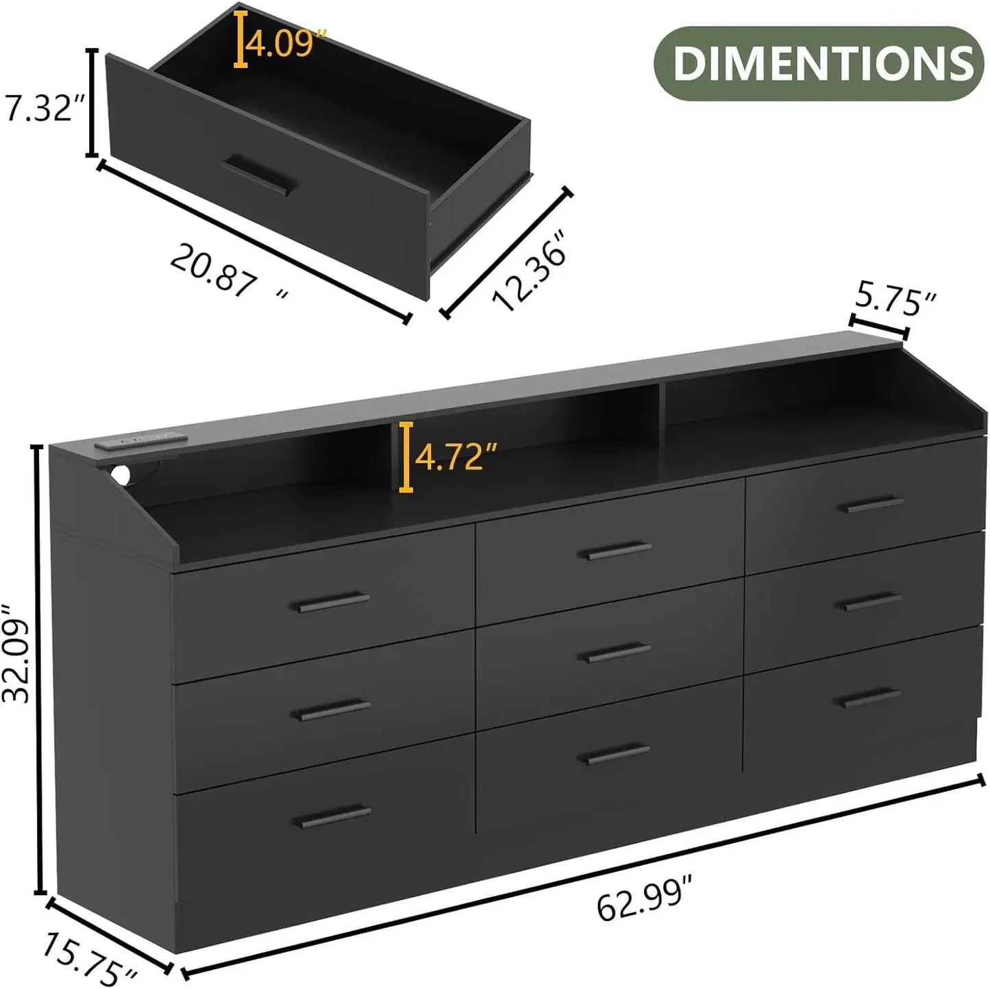 Modern Dresser with Power Outlet LED Light Open Storage Organizer