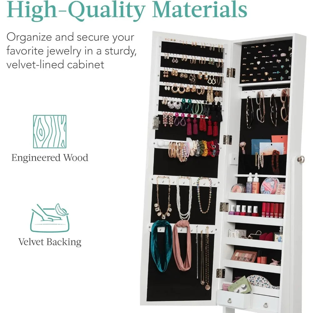 Freestanding Jewelry Armoire Cabinet Full Length Mirror Makeup Organizer