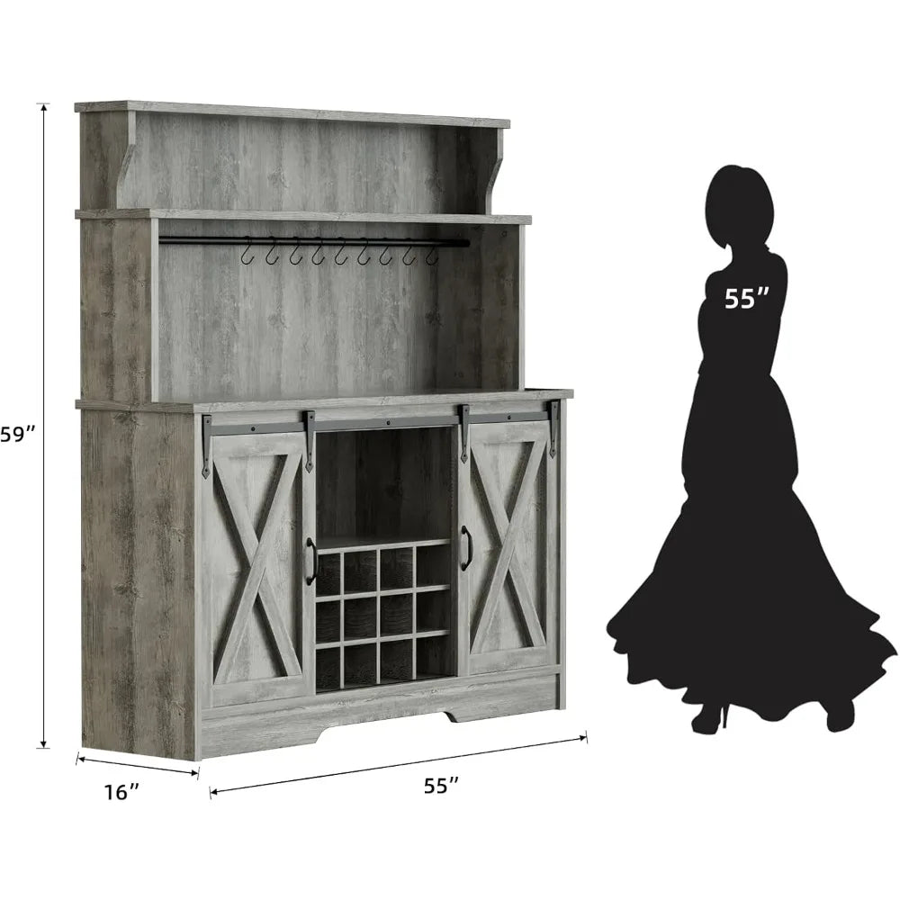 55 Inch Farmhouse Coffee Bar Cabinet with 12 Bottle Wine Rack