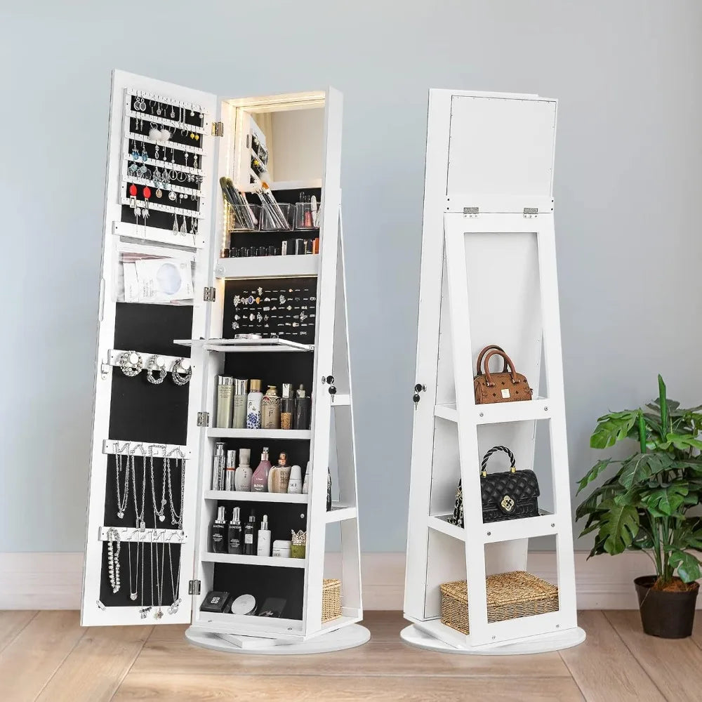 Freestanding Rotating Jewelry Cabinet with Full-Length Mirror Storage