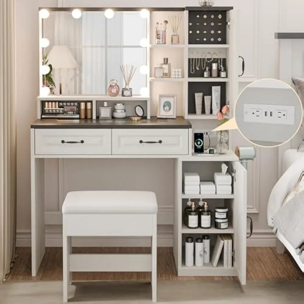 Makeup Vanity Desk with Mirror Lights Charging Station and Storage