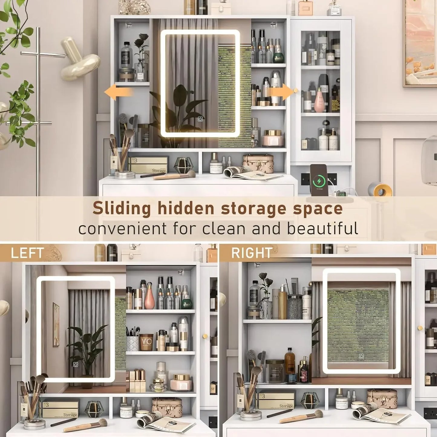 Makeup Mirror Desk with Charging Station and Storage for Girls Women