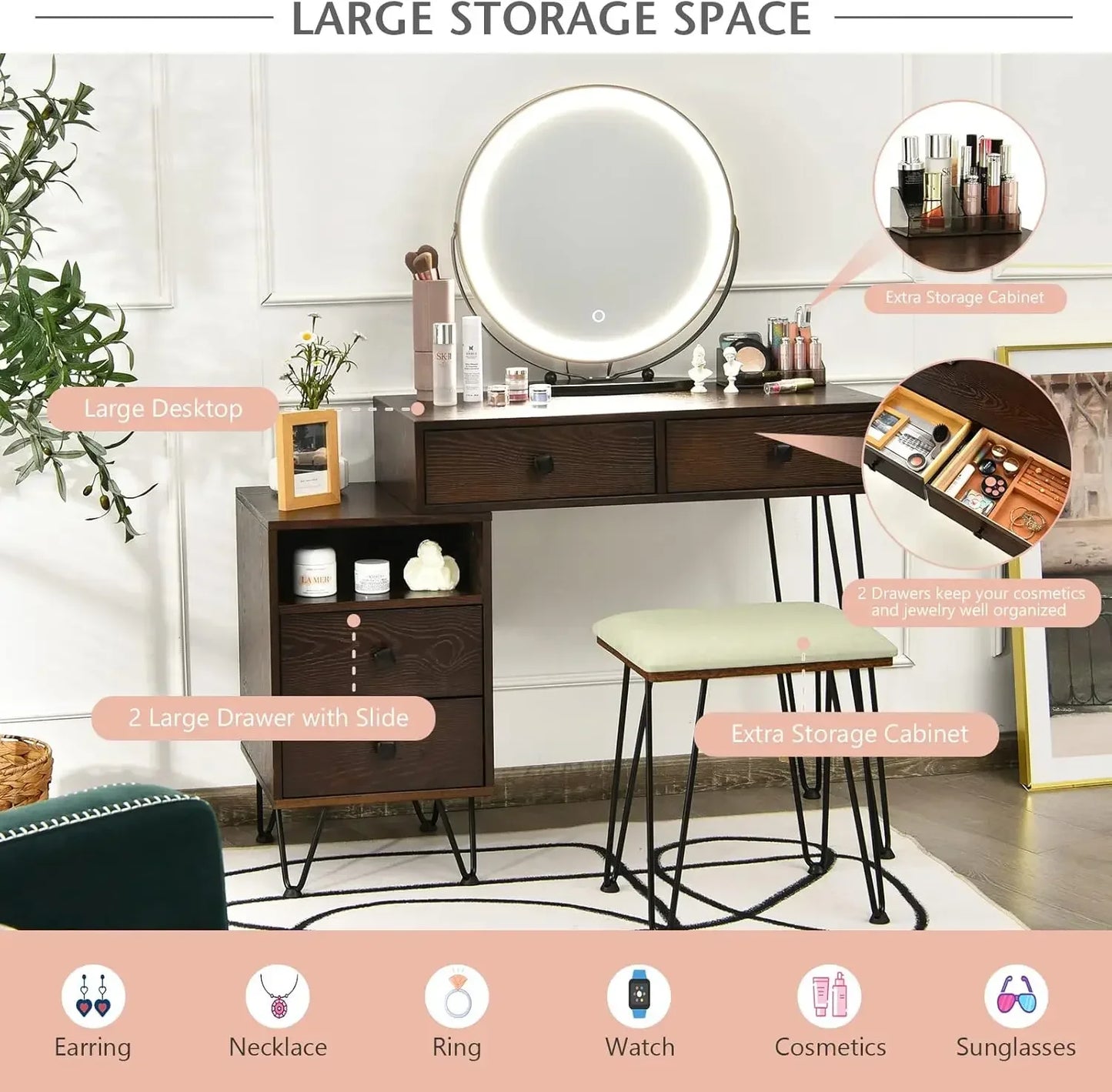 Ljustra Wooden Vanity Set with Lighted Mirror and Storage Stool