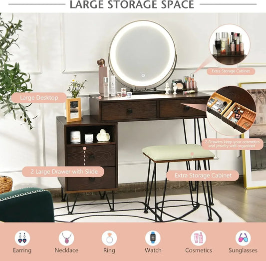 Ljustra Wooden Vanity Set with Lighted Mirror and Storage Stool
