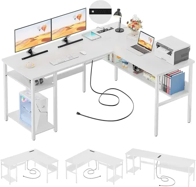 L-Shaped Desk with LED Strip Power Outlets Reversible Corner Design