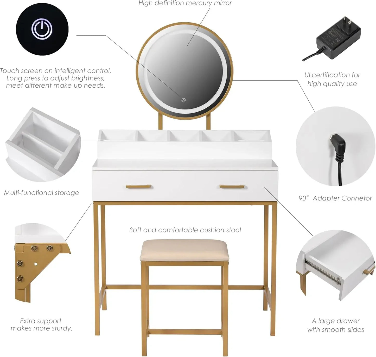 Makeup Vanity Desk with Mirror Lights Drawers Cushioned Stool Set