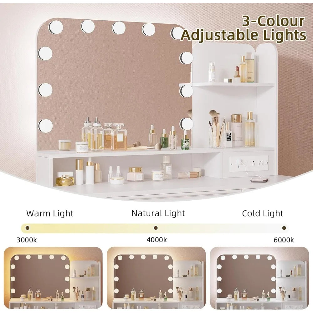 Ljustra Vanity Desk with Mirror and Lights 39 Inch Makeup Vanity Charging Station