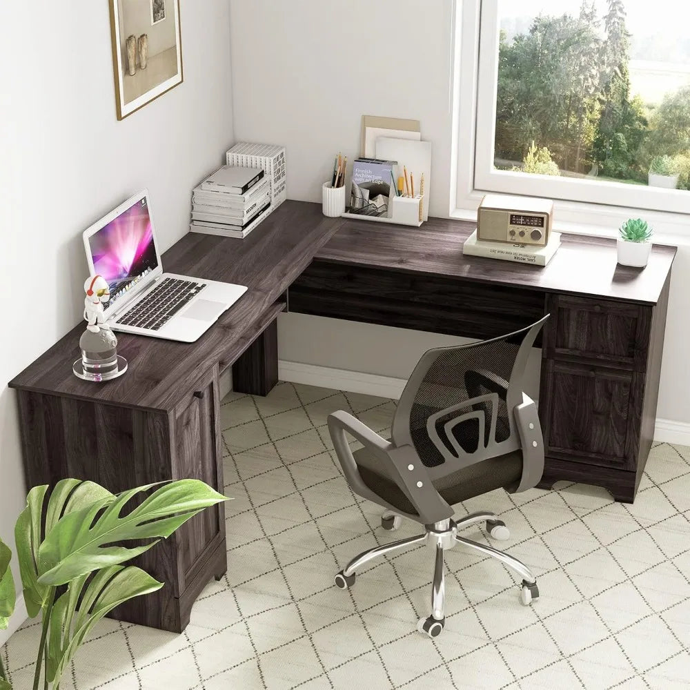 L-Shaped Office Desk with Storage Drawers & Keyboard Tray Home Office