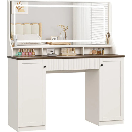 46.5 Inch Makeup Vanity Desk with Mirror LED Light and Storage Cabinets