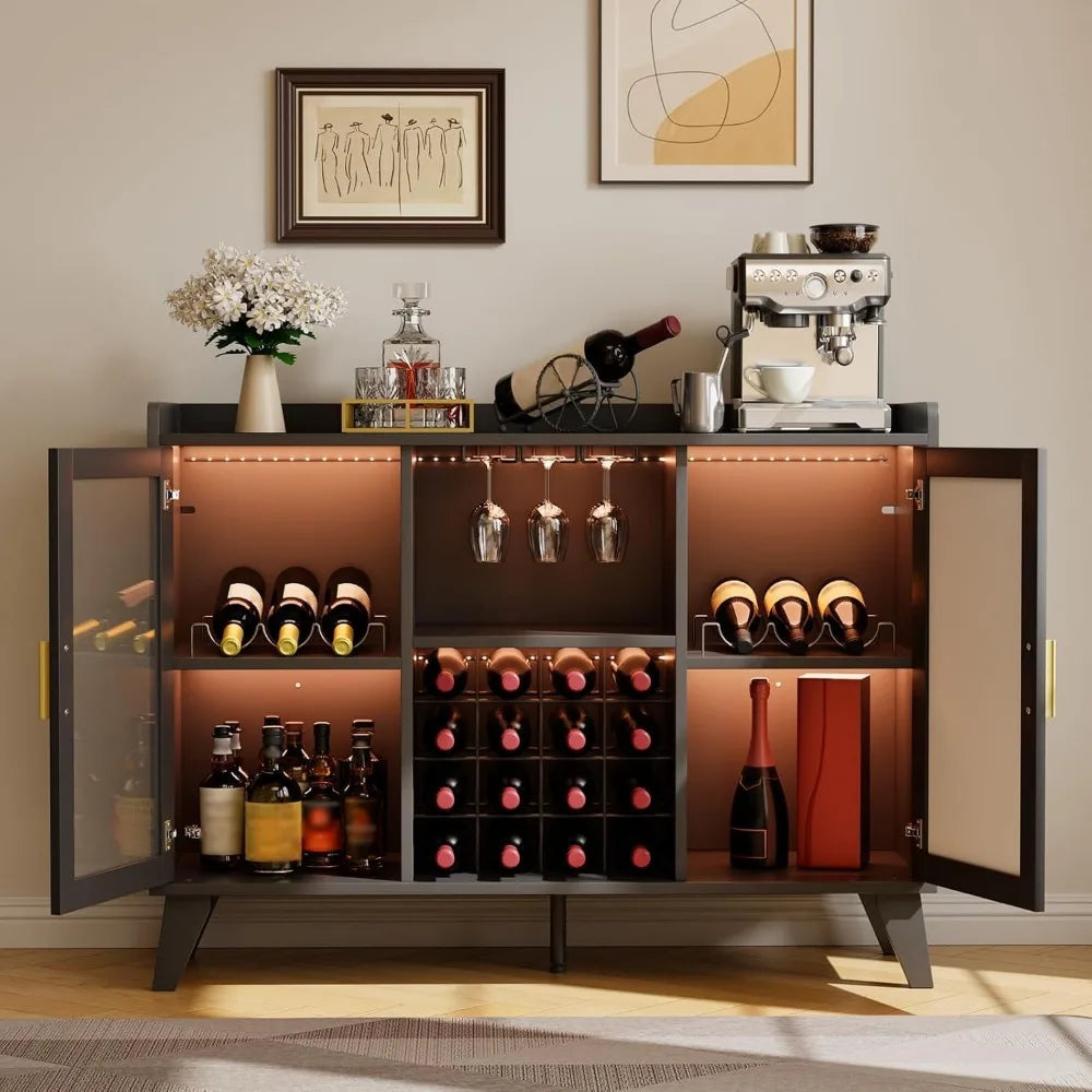 Modern Wine Bar Cabinet LED Light Coffee Liquor Storage Sideboard