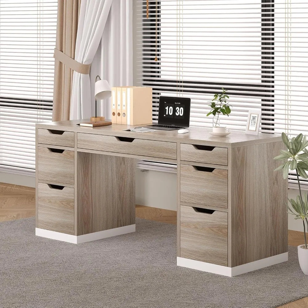 54 Inch Computer Desk with 7 Drawers Office Executive Workstation