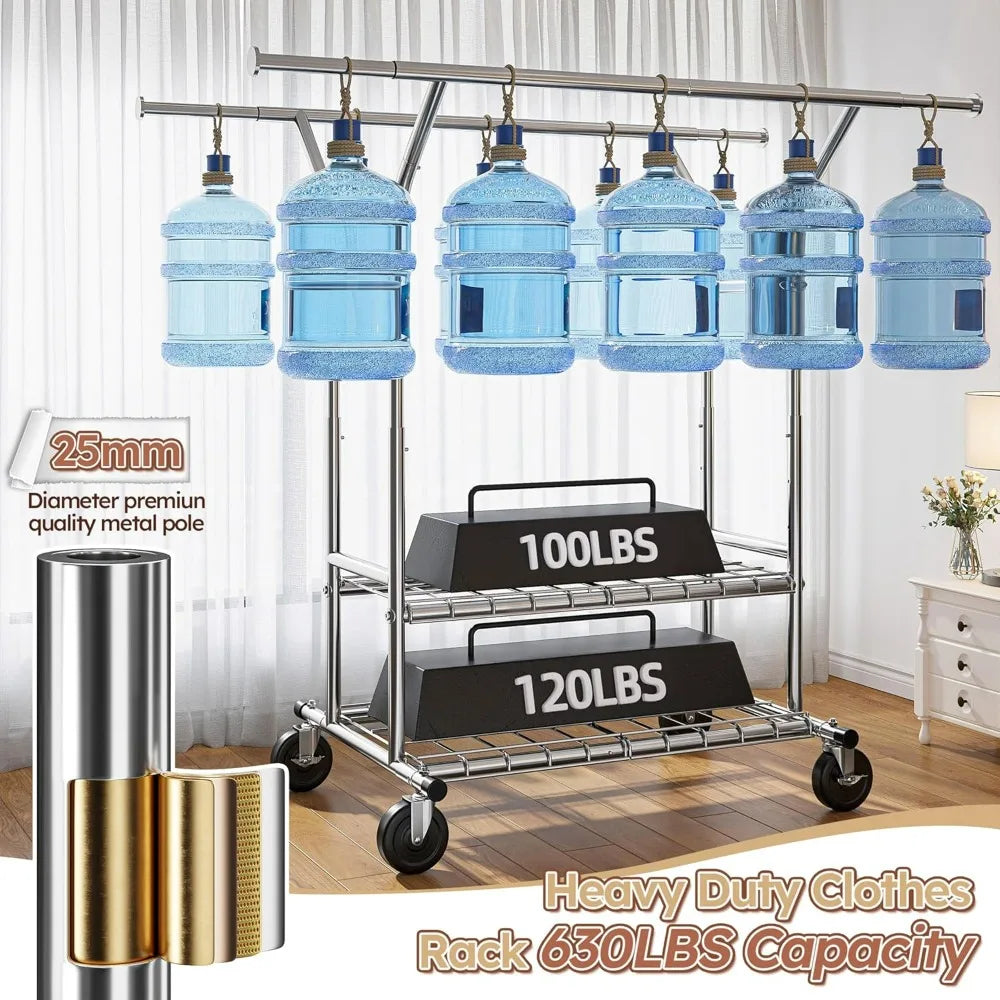 Heavy Duty Double Rod Clothing Rack with Wheels 630LBS Capacity