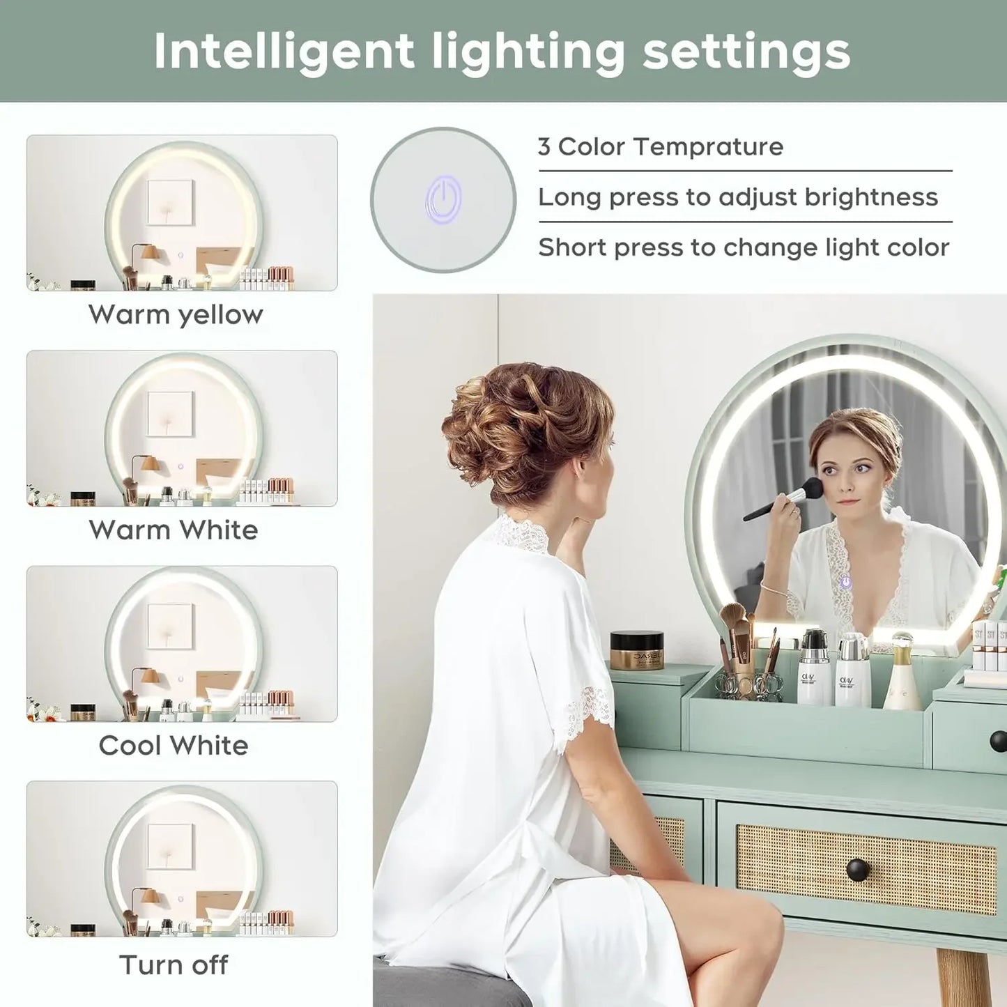 31 Inch Boho Natural Rattan Vanity Desk Set with Lighted Mirror and Stool