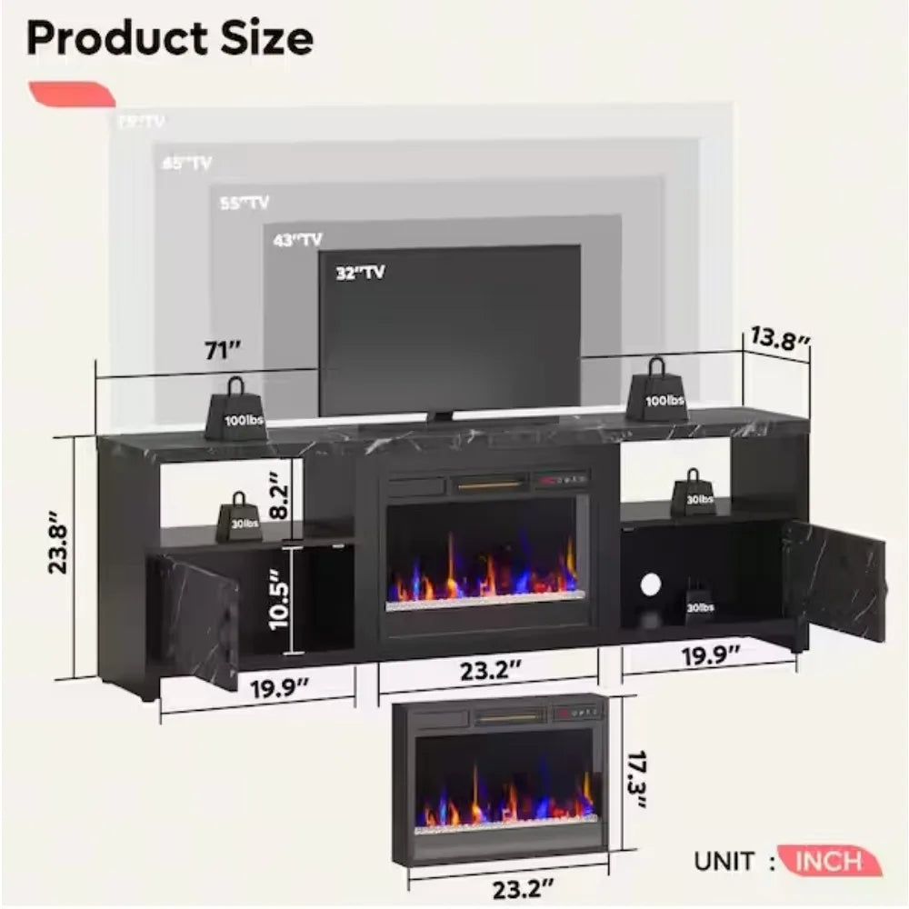 70 Inch Black Marble LED TV Stand with Fireplace for TVs Up to 75 Inches