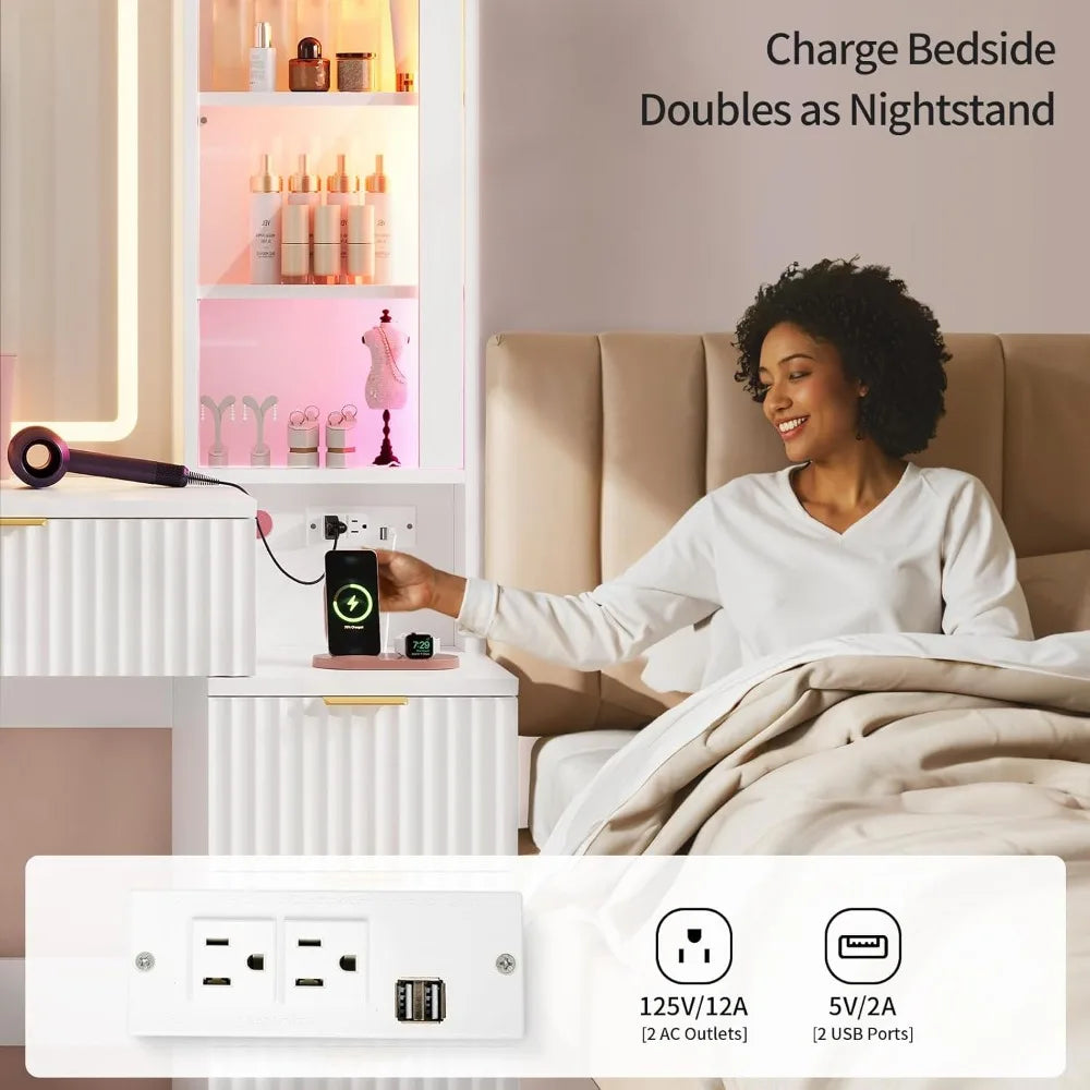 Ljustra 59 Inch Fluted Wood Makeup Vanity Desk with Mirror LED Lights