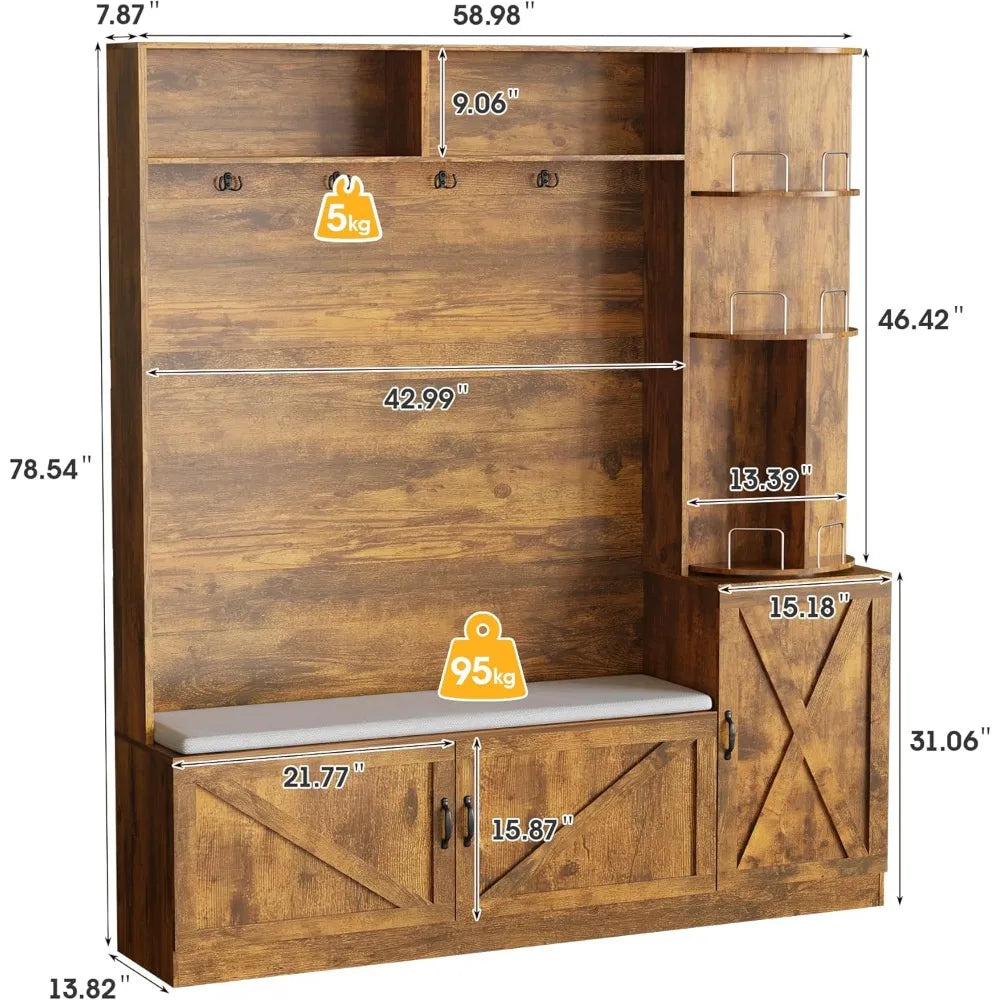 79 Inch Hall Tree Bench Shoe Storage Coat Rack Mirror Entryway Organizer