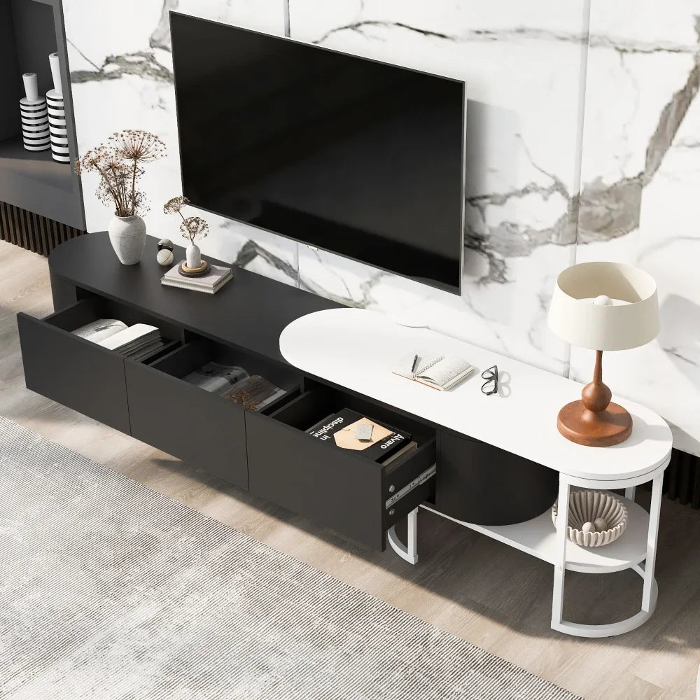 Modern Extendable TV Stand with Drawers and Adjustable Metal Legs
