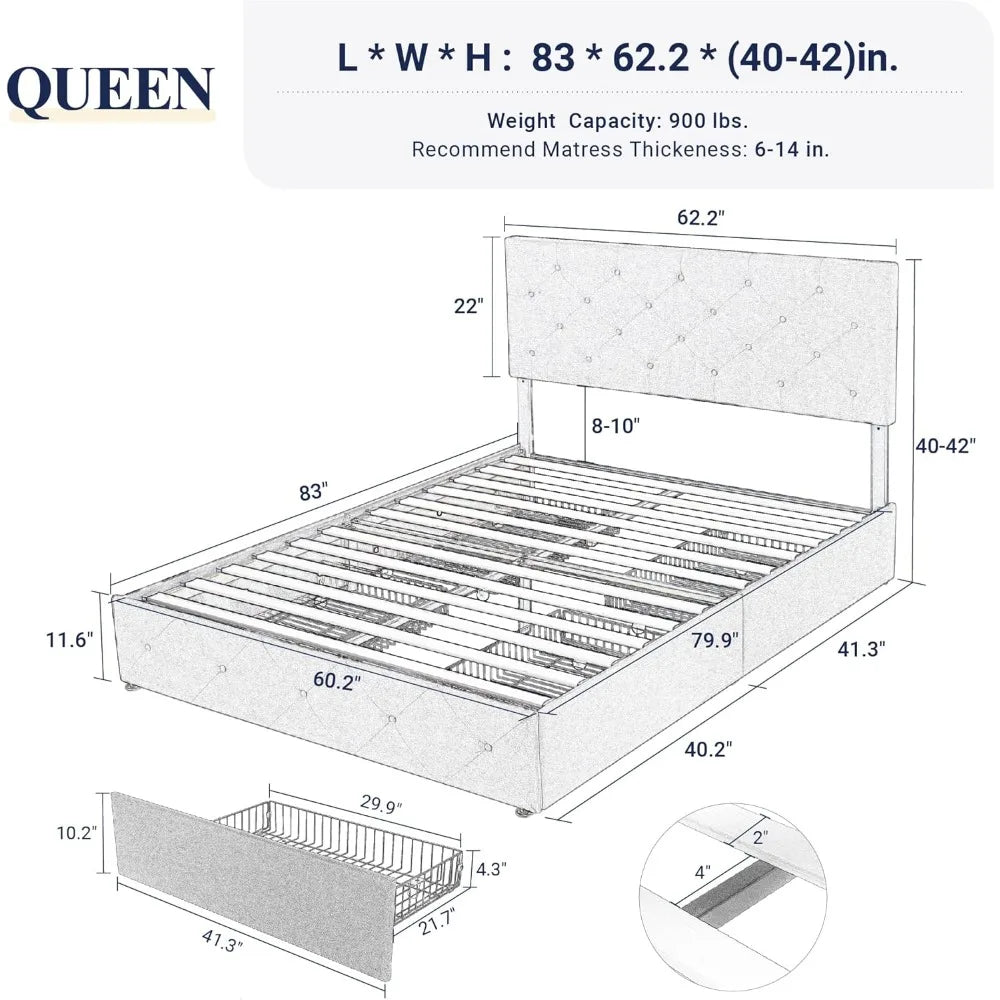 Queen Size Platform Bed Frame with Storage Drawers and Adjustable Headboard