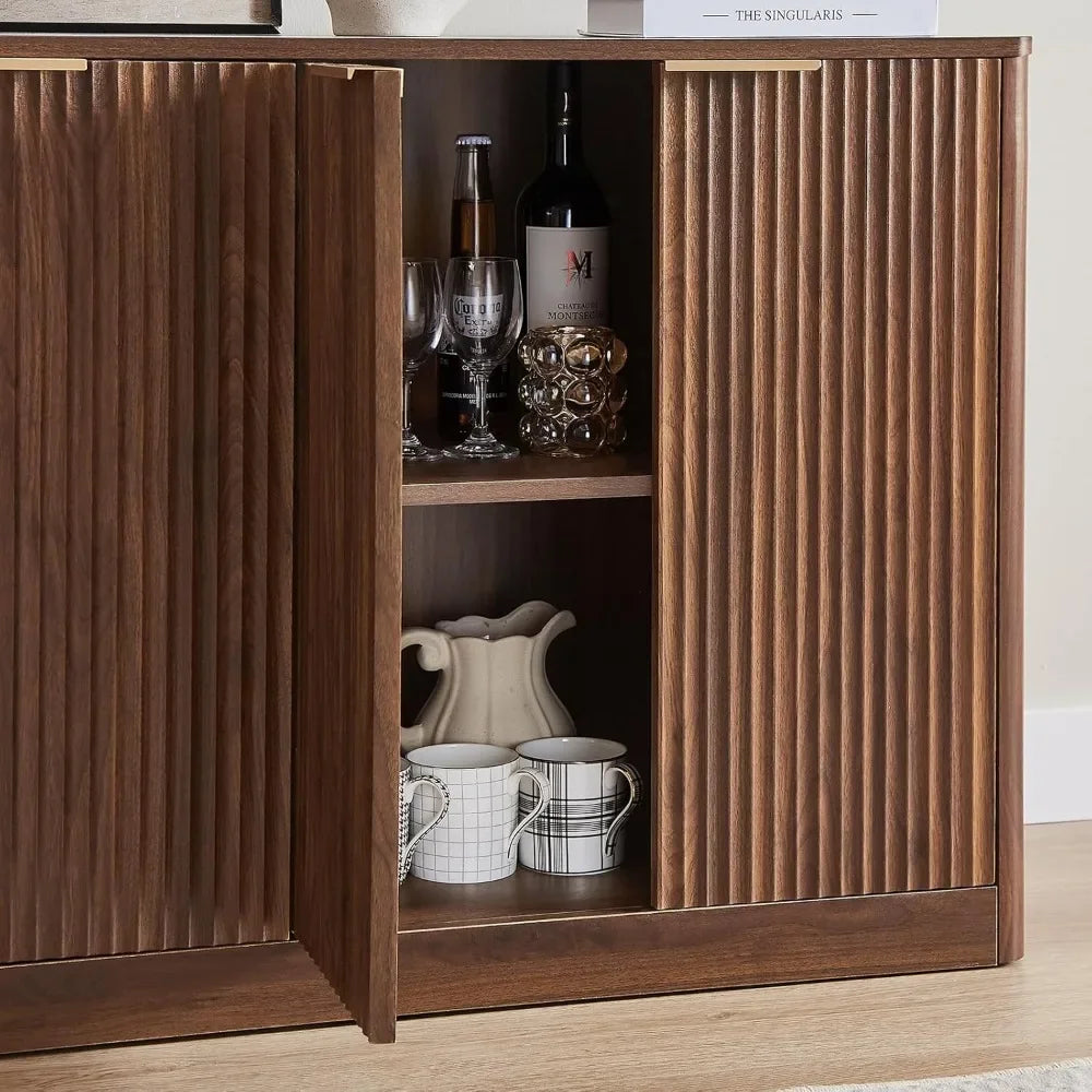 67 Inch Walnut Fluted Sideboard Buffet Cabinet with 6 Doors Storage