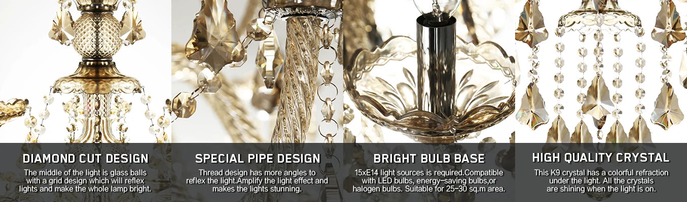 15 Arms Crystal Chandelier Pendant Light Modern K9 for Living Room
