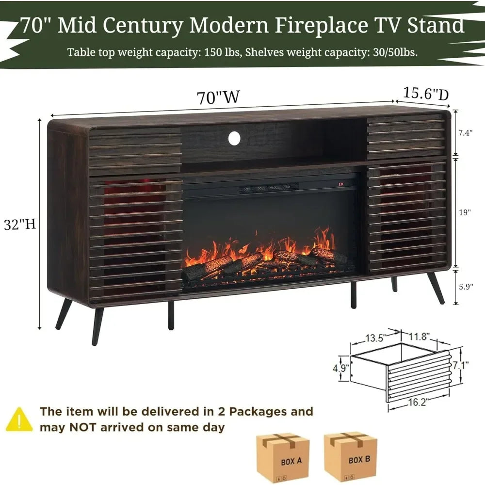 Fireplace TV Stand for 80 Inch TV Mid Century Modern Entertainment Center