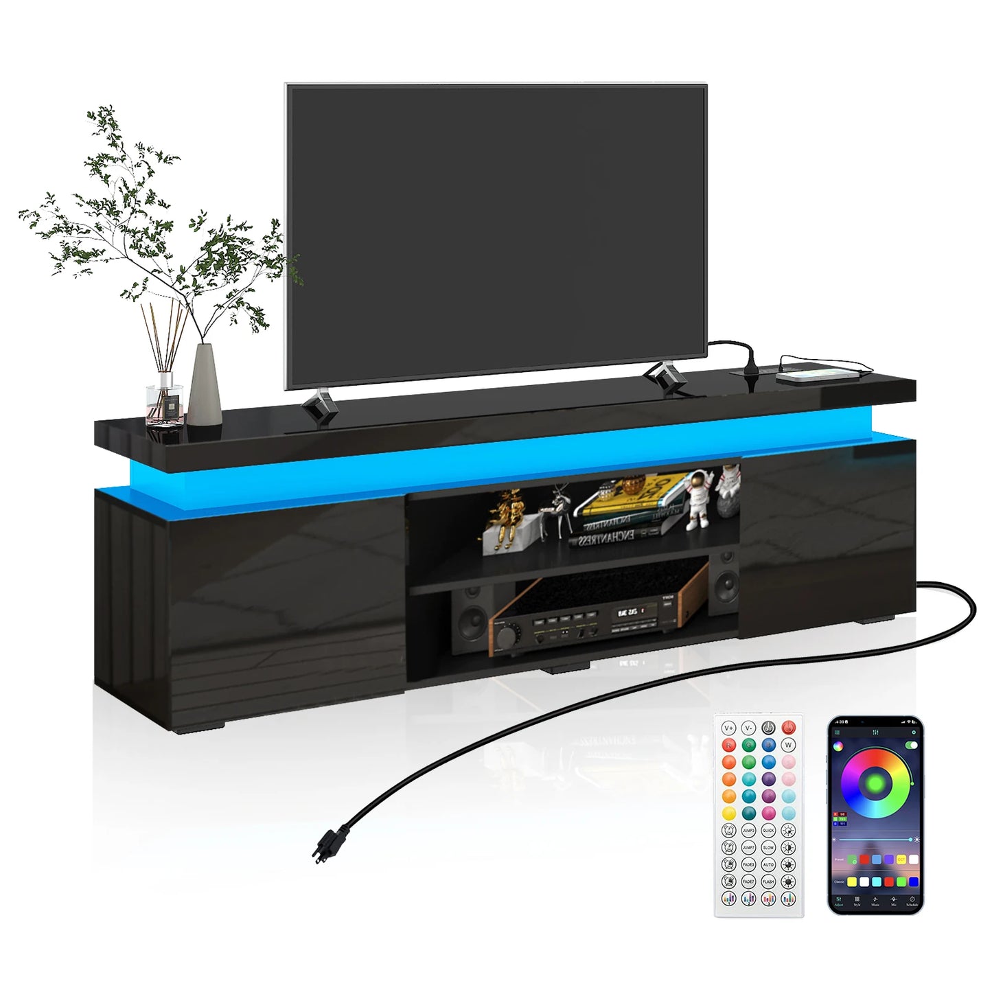 66 Inch LED TV Stand Modern Gaming Cabinet with Power Outlet Storage