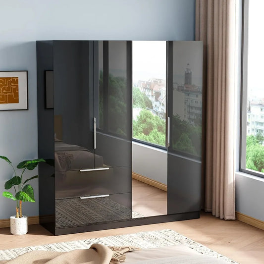 Modern 63" Wardrobe Closet with Mirror 4 Doors Armoire Cabinet Storage