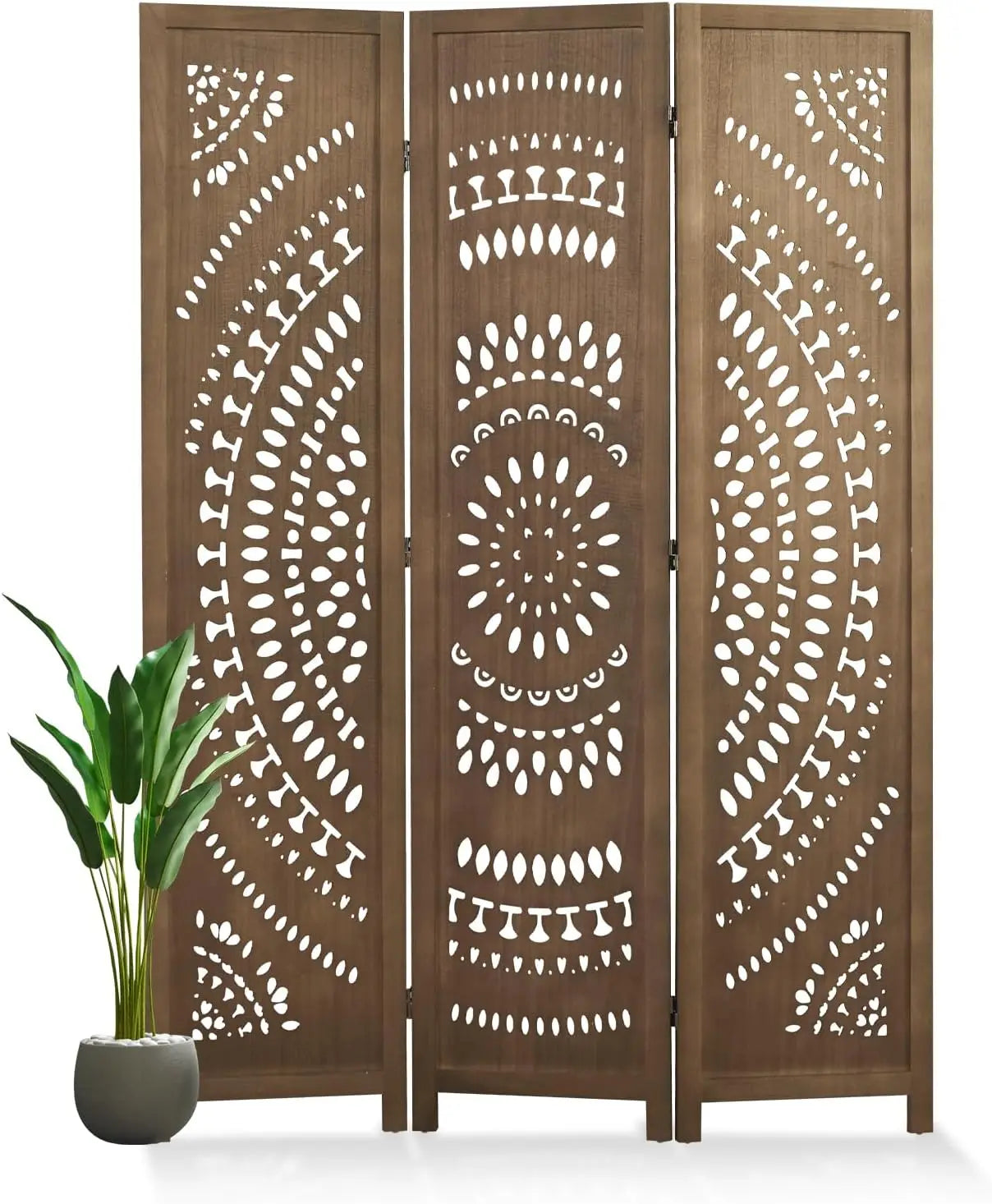 66.9Inch Folding Room Divider 6 Panel Wood Carved Privacy Screen Partition