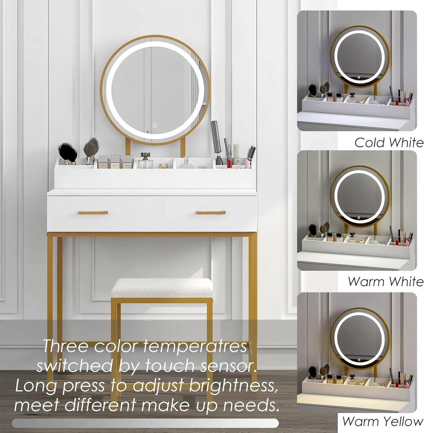 Makeup Vanity Desk with Mirror Lights Drawers Cushioned Stool Set
