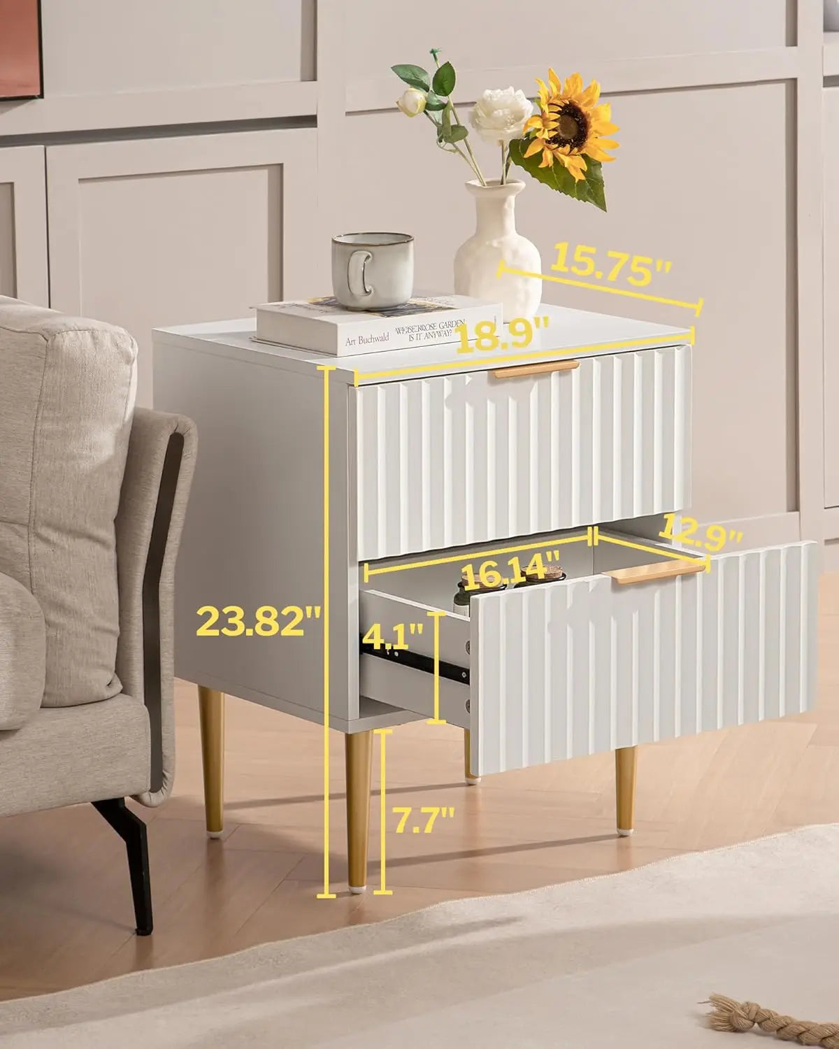Modern Fluted Night Stand Set 2 Storage Bedside Table with Drawers