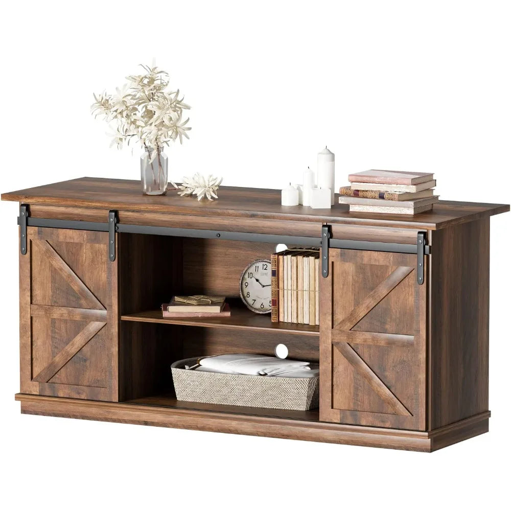 TV Stand for 65 Inch TVs with Sliding Barn Doors and Storage Cabinets