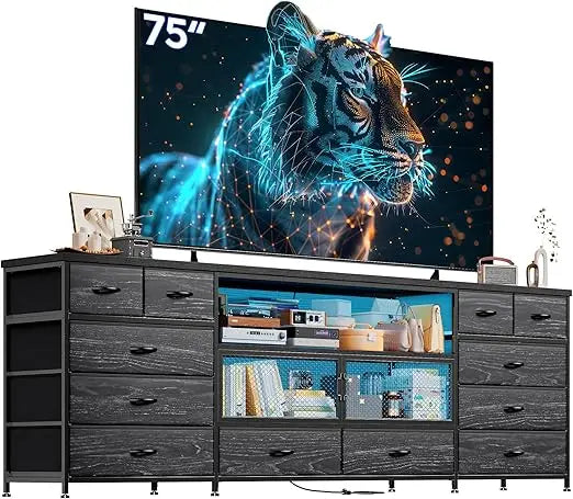 71 Inch Modern TV Stand with LED Lights Charging Station and 12 Drawers