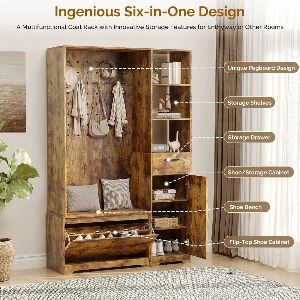 Hall Tree Bench Shoe Storage Coat Rack Entryway Organizer 6-in-1