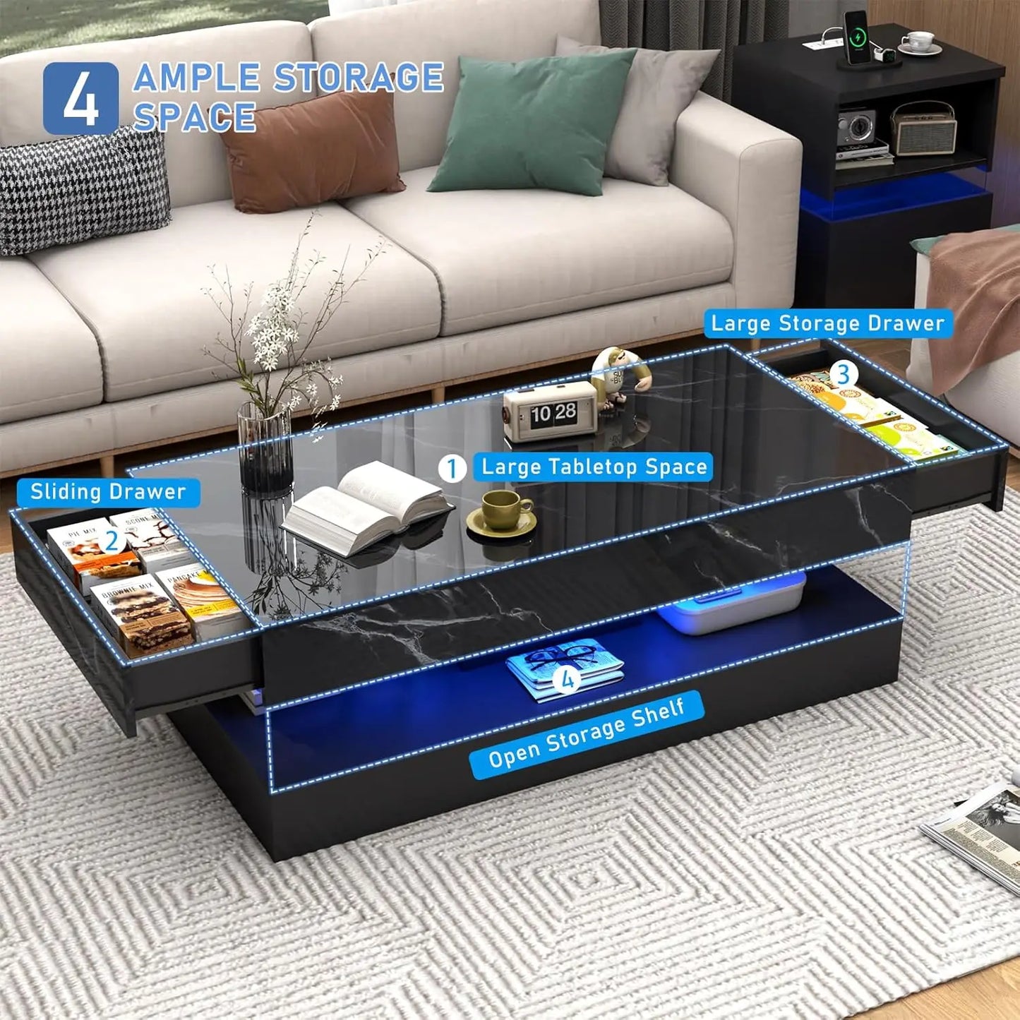Modern Coffee Table with LED Lights Double-Layer Design Storage Drawers
