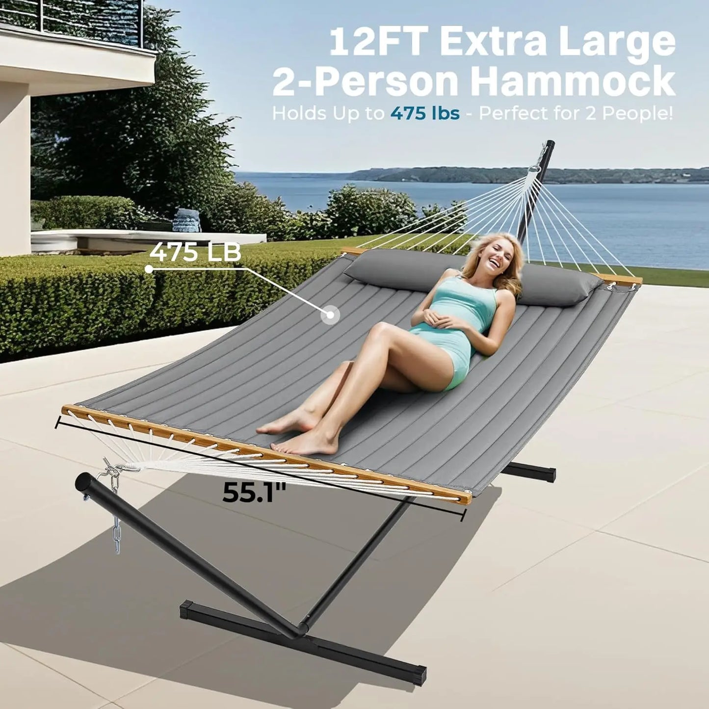 Hammock with Stand Quilted Outdoor Portable 2 Person Detachable Pillow