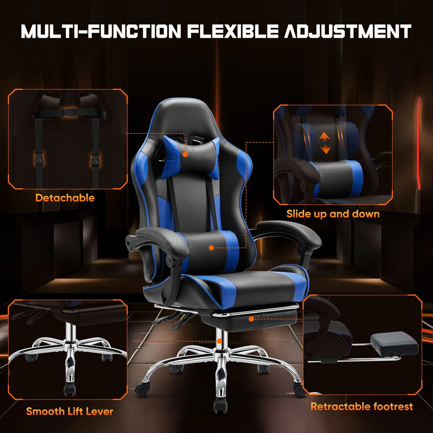 Ljustra Ergonomic Gaming Chair Adjustable Swivel PU Leather Headrest Support