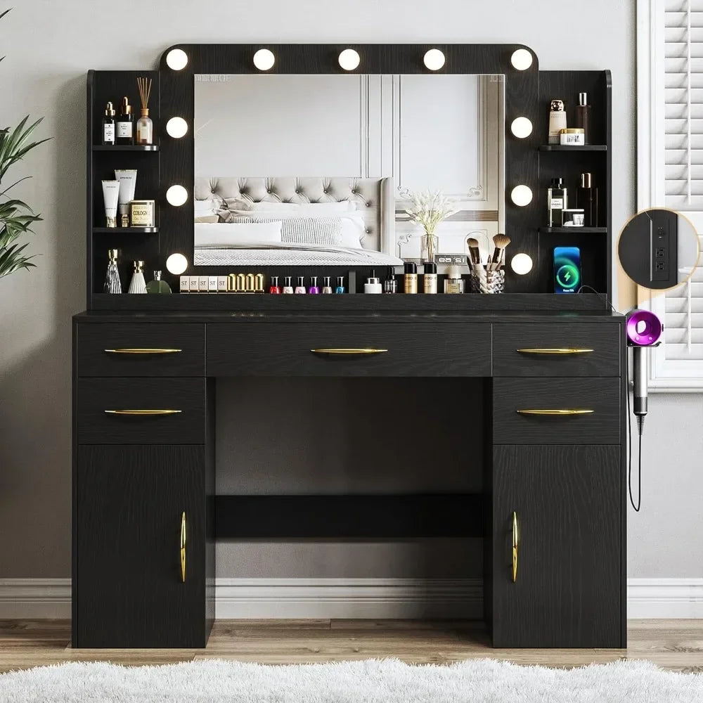 Large Makeup Desk with Lights Mirror Power Outlet 5 Drawers 2 Cabinets