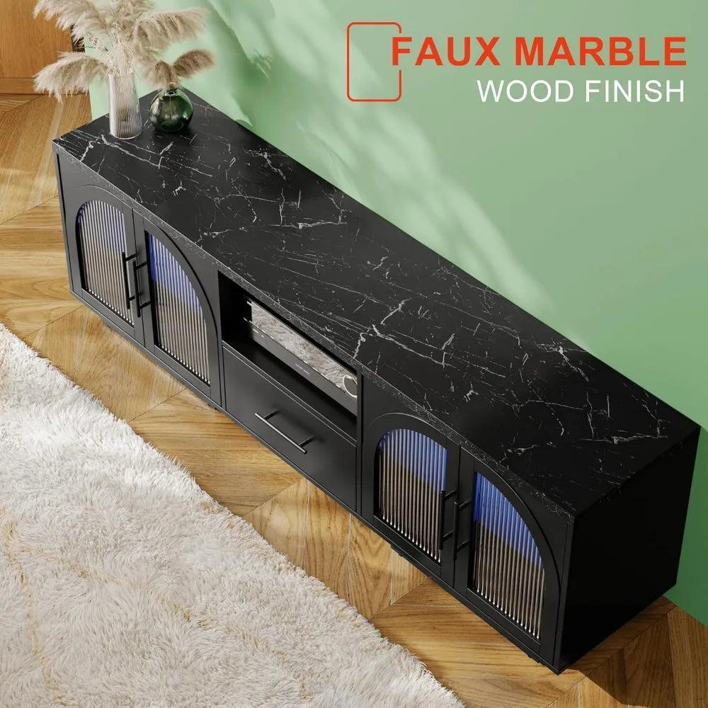 70 Inch TV Stand Entertainment Center with LED Lights and Glass Doors