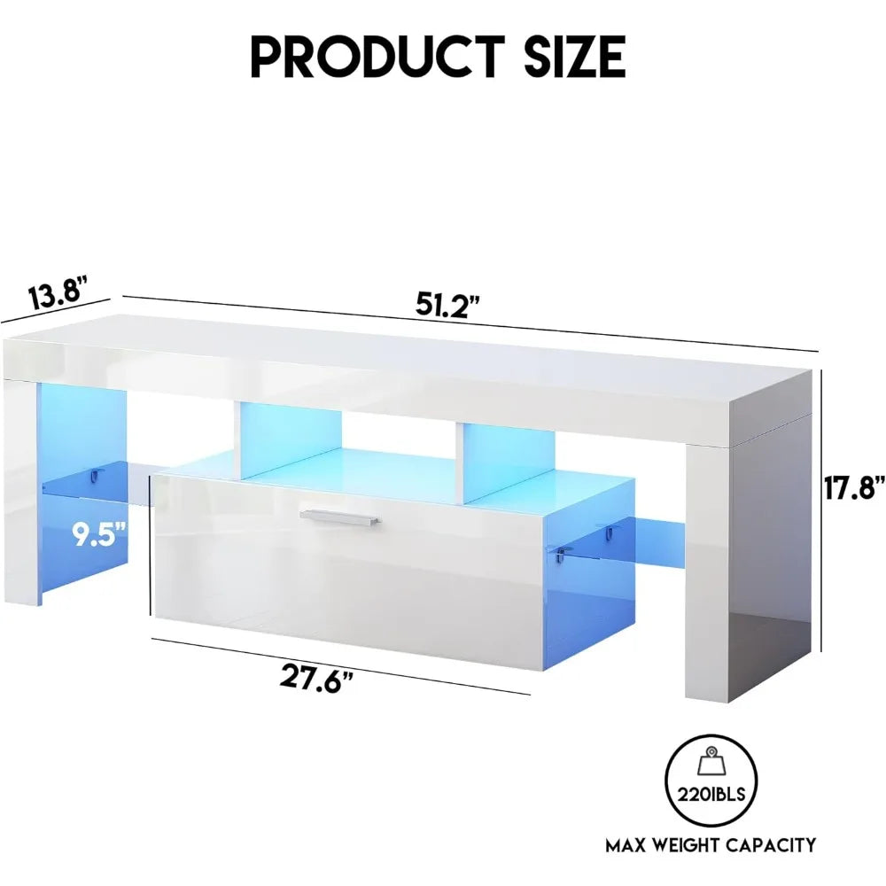 Modern White TV Stand with LED Lights for 32-55 Inch TVs Entertainment Center