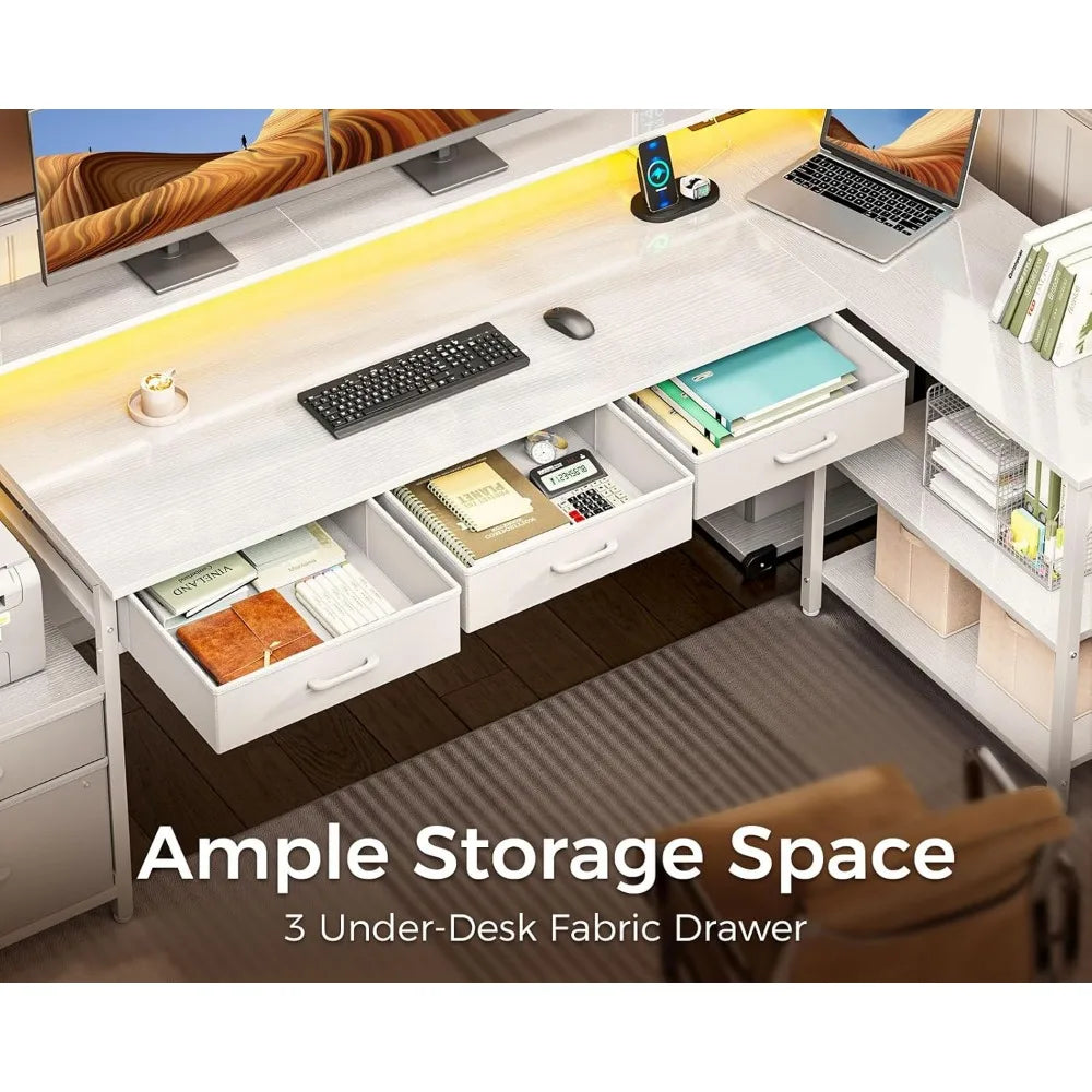 L Shaped Computer Desk with Power Outlet LED Strip 66 Inch Storage