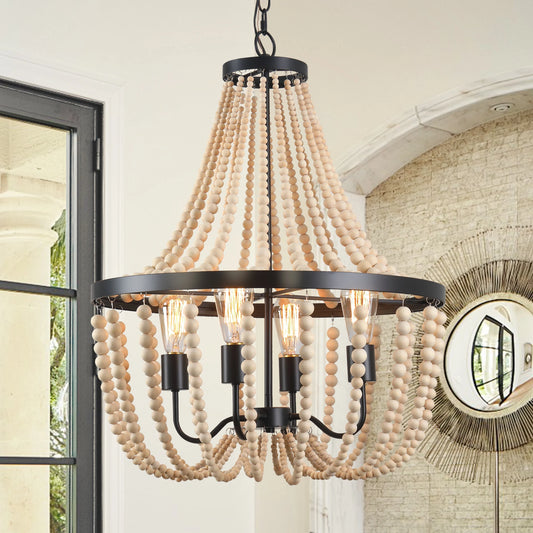 Modern Boho Wood Bead Chandelier Dimmable High Ceilings Bedroom Hall