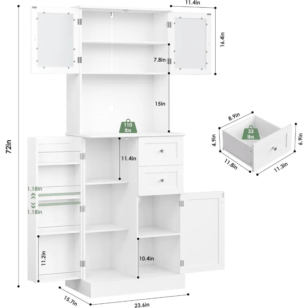 72 Inch Tall Kitchen Pantry Storage Cabinet Modern Hutch with Doors Shelves