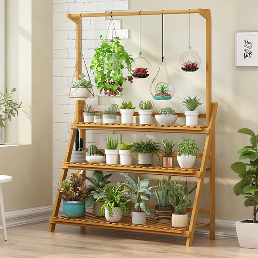 3 Tier Folding Bamboo Plant Stand Indoor Outdoor Multi Use Rack