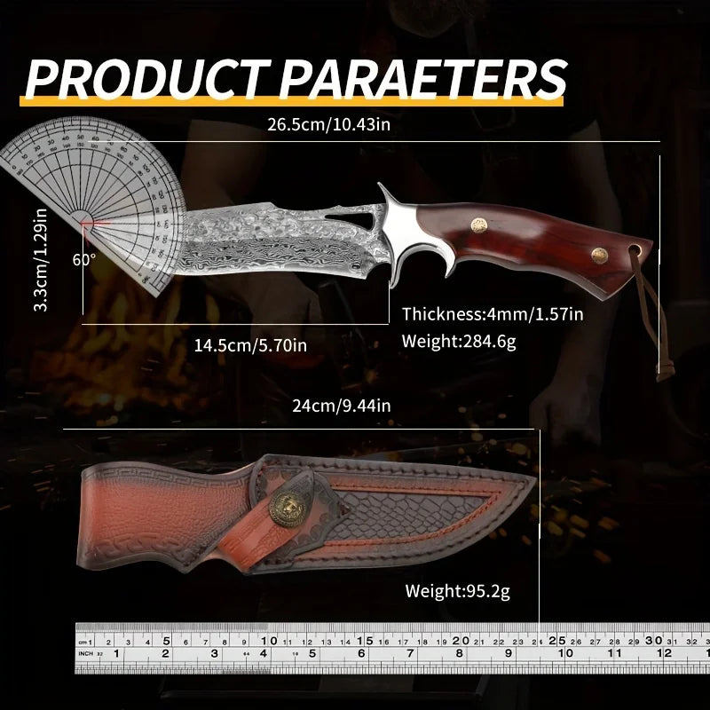 Ljustra PJ065 Damascus Knife Wooden Handle Leather Sheath Outdoor Kitchen