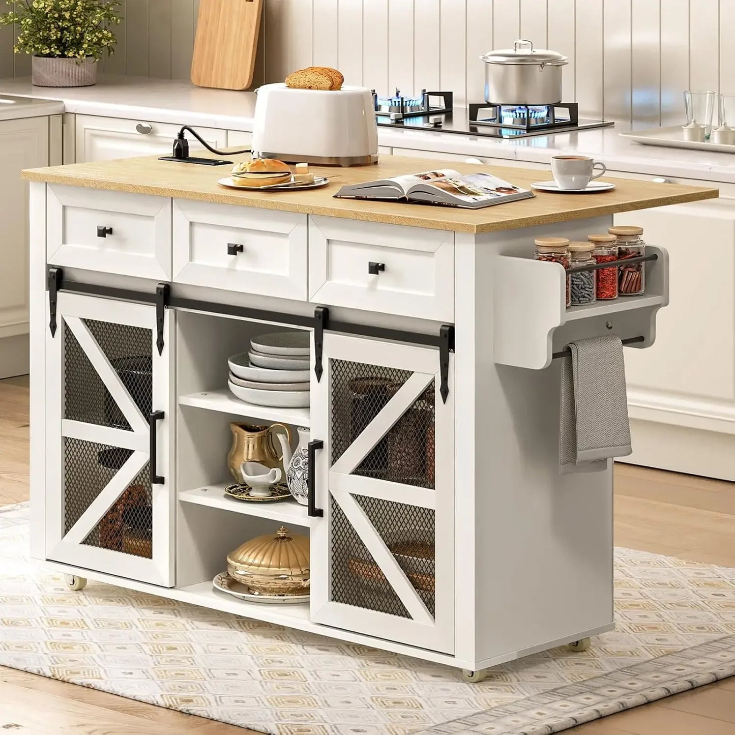 Kitchen Island with Storage Charging Station Rolling Table Drop-Leaf