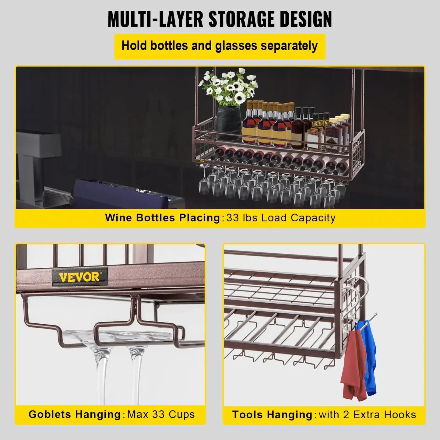 Ceiling Wine Glass Rack 46.9 Inch Adjustable Wall-Mounted Storage Rack