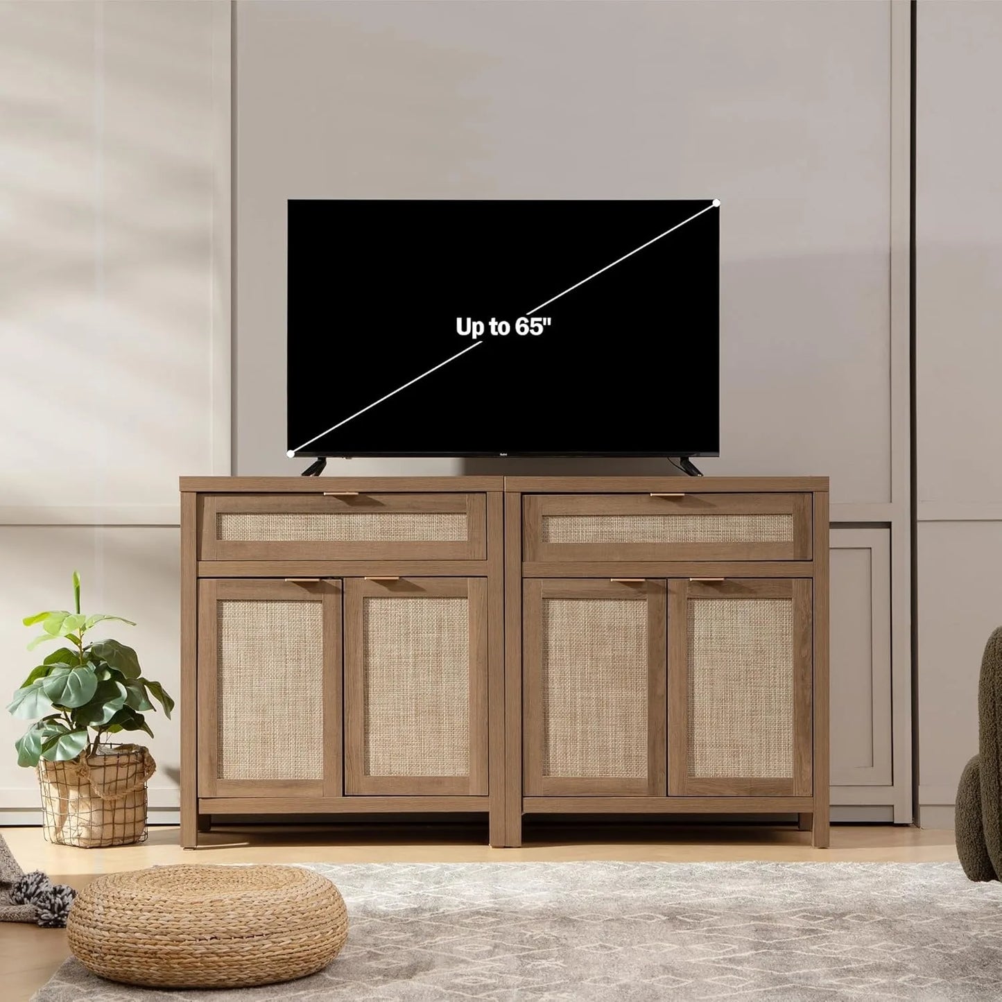 Ljustra Three Piece Side Panel Buffet Cabinet Rattan Storage Natural Oak