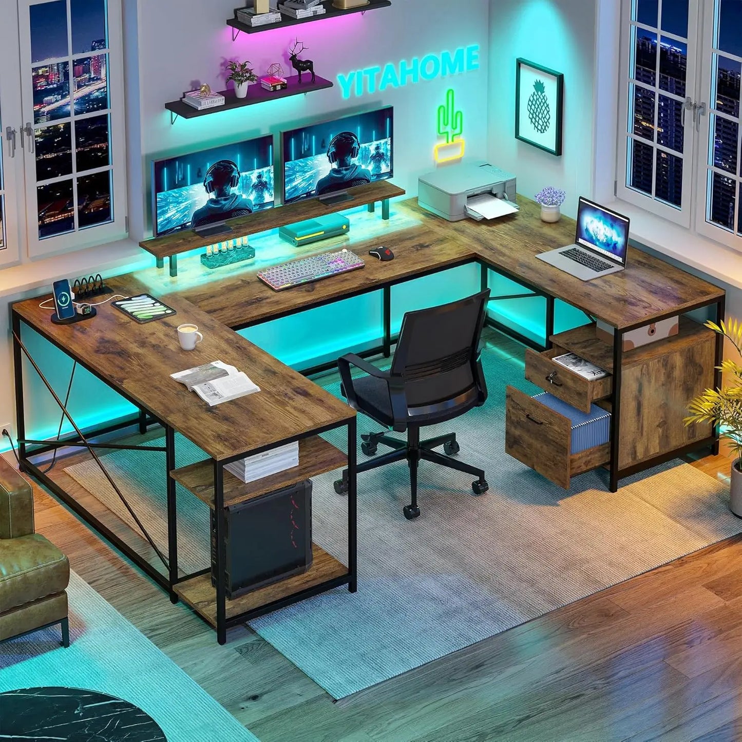 U Shaped Desk with Power Outlets LED Lights Reversible L Shaped Desk